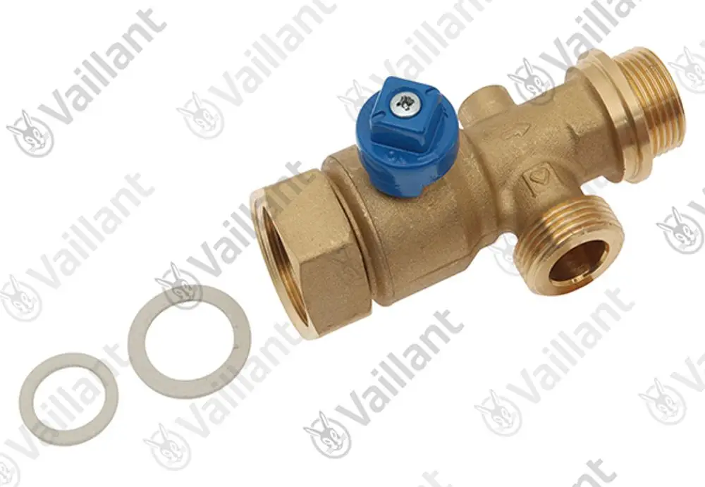 Vaillant Absperrventil in Messing, mit einem blauen Bedienknopf und zwei Unterlegscheiben in der Nähe. Das Ventil hat verschiedene Anschlussmöglichkeiten.